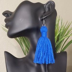 Statement earrings, fabric earrings, bold earrings, trendy earrings, handmade earrings, stylish earrings, long earrings, yarn earrings