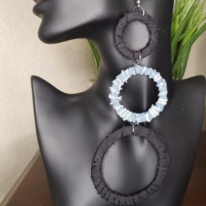Statement earrings, long earrings, bold earrings, gift for her, handmade earrings, fashion earrings, fabric earrings, wooden earrings
