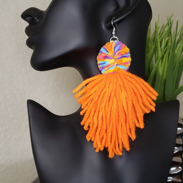 Colorful large bold statement earrings handmade yarn earrings trendy earrings large earrings lightweight earrings