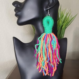Handmade earrings, large earrings, fashion earrings, gift for her, fringe earrings, fabric earrings, yarn earrings, statement earrings