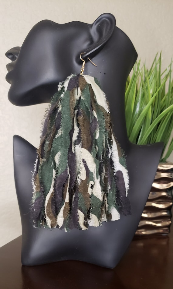 Camo earrings, handmade earrings, fabric earrings, bold earrings, boho earrings, large earrings, statement earrings, chic earrings