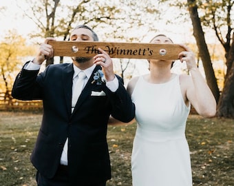 Personalized Wedding Shot Board/Ski, Two-Person Rustic Ski for Weddings, Vacations, Celebrations, and More. W/Two Glass Shot Glasses.