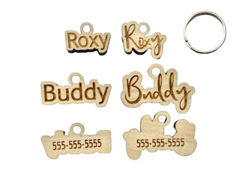 Gepersonaliseerde Dog Tag Wood - Voor en achter Gegraveerde gepersonaliseerde pet halsband ID Tags in 2 maten. Snelle verwerking en SNELLE VERZENDING