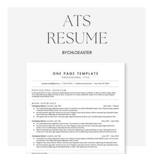 Może przedstawiać: Czarno-biały szablon CV z tytułem "ATS Resume" i nazwiskiem "BYCHLOEASTER" u góry. CV zawiera przegląd zawodowy, doświadczenie zawodowe i sekcje edukacyjne. Dane kontaktowe obejmują adres e-mail, numer telefonu i adres URL profilu LinkedIn.