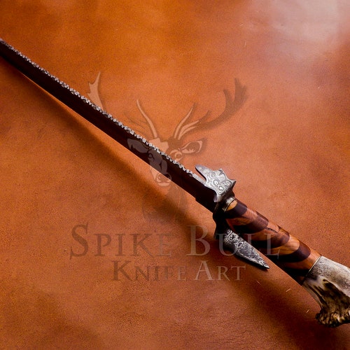 Handmade shops Damascus Steel Sword With Antler Crown And Wood Handle, Hunter Swords, Beautiful Sword, Father Day Gift