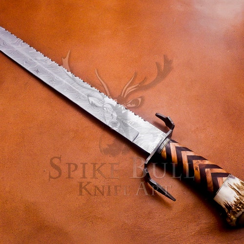 Handmade shops Damascus Steel Sword With Antler Crown And Wood Handle, Hunter Swords, Beautiful Sword, Father Day Gift