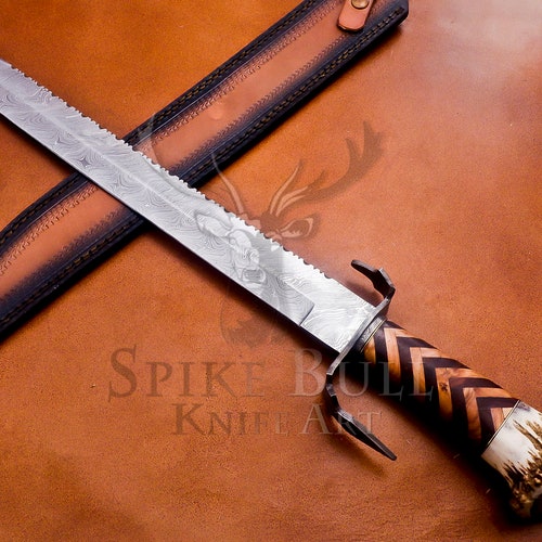 Handmade shops Damascus Steel Sword With Antler Crown And Wood Handle, Hunter Swords, Beautiful Sword, Father Day Gift