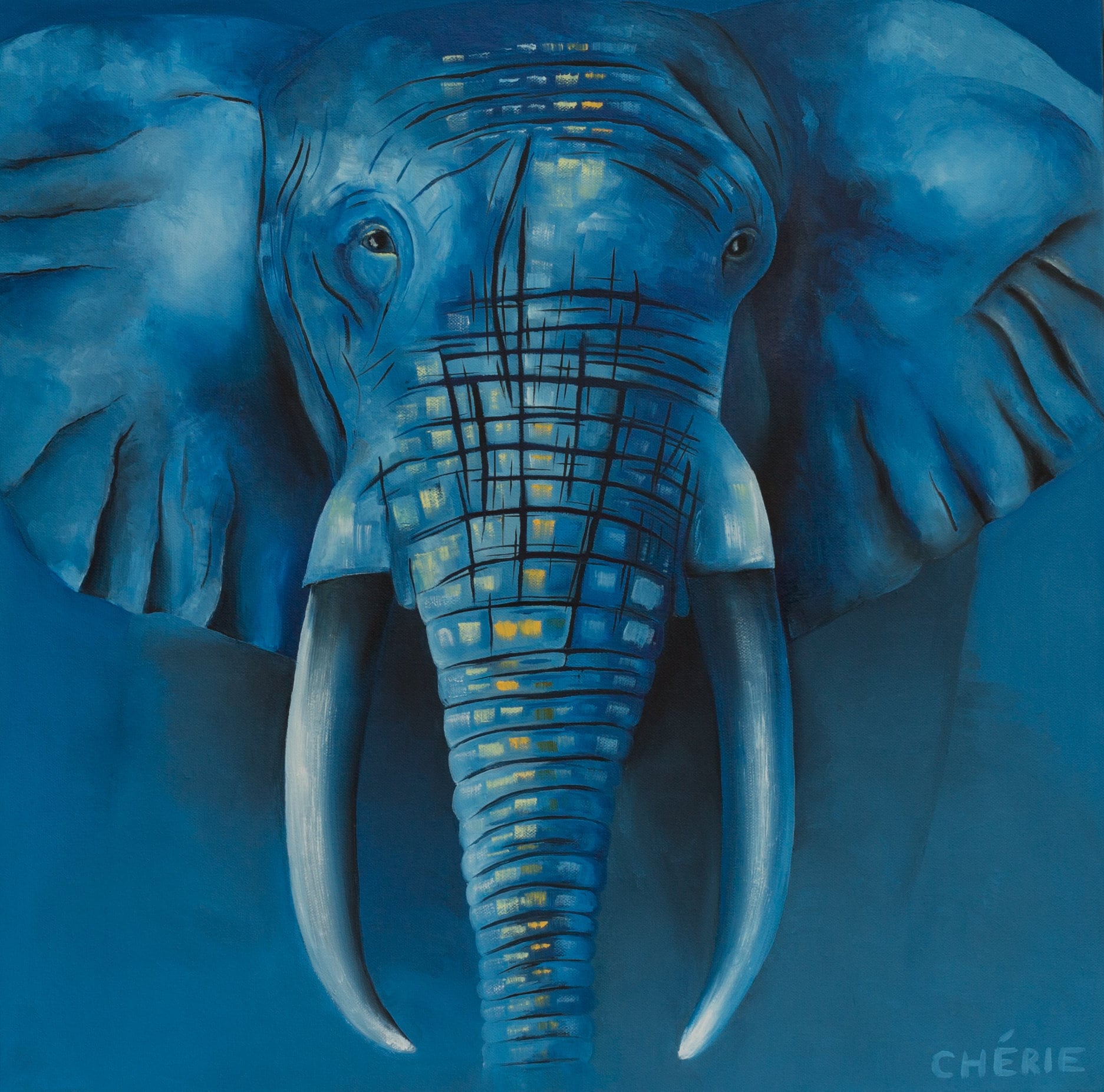 Original Blue Elephant Oil Painting. Ready to Hang Animal