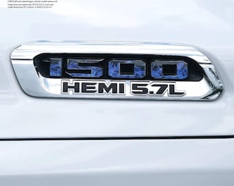 RAM 1500 motorkapembleem overlay stickers L&R BLAUW Fire Flames past op Ram Trucks 2019-2026