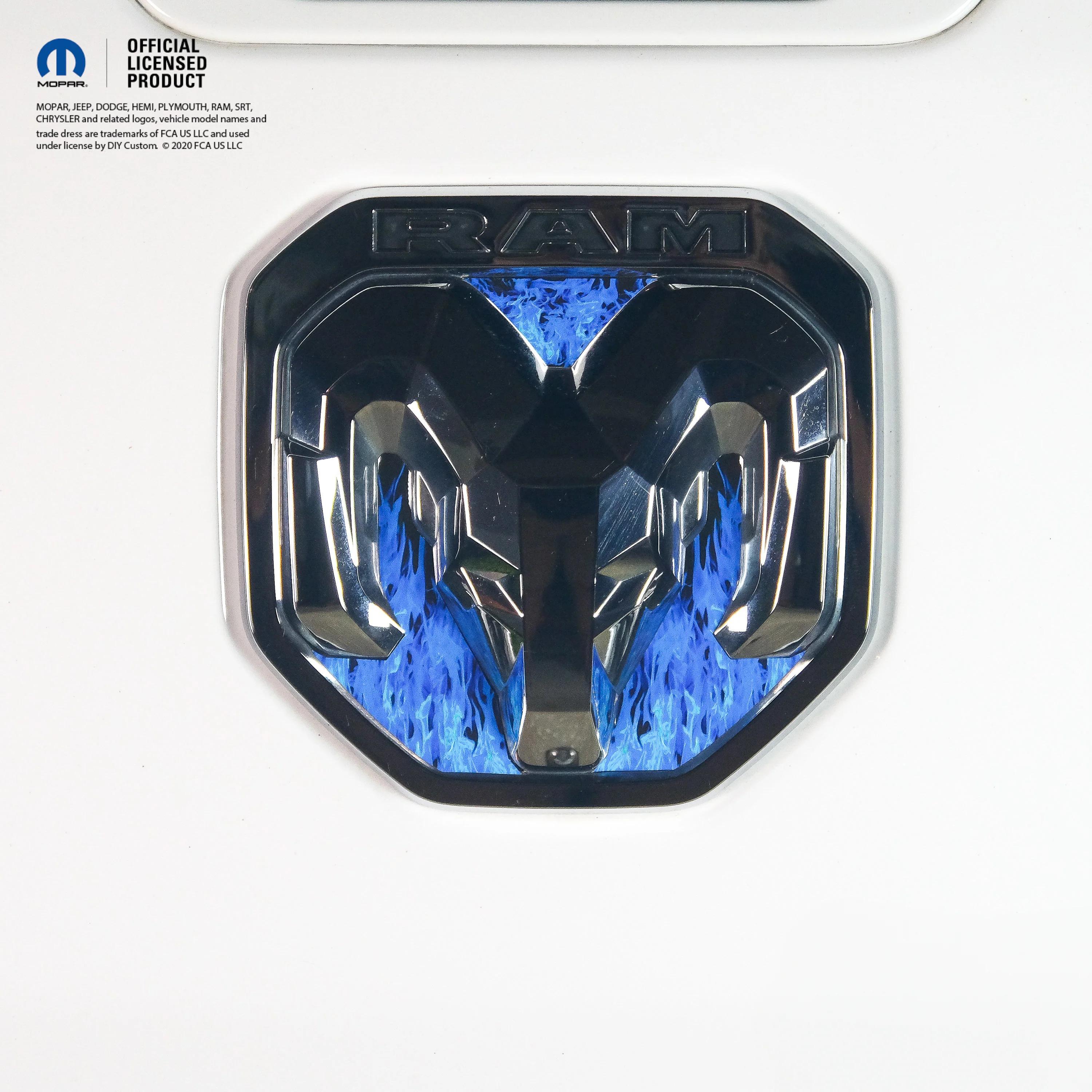 RAM Tailgate Grill RAM Head Emblem Overlay Decals BLUE Flames Fits 2011-2024 Trucks