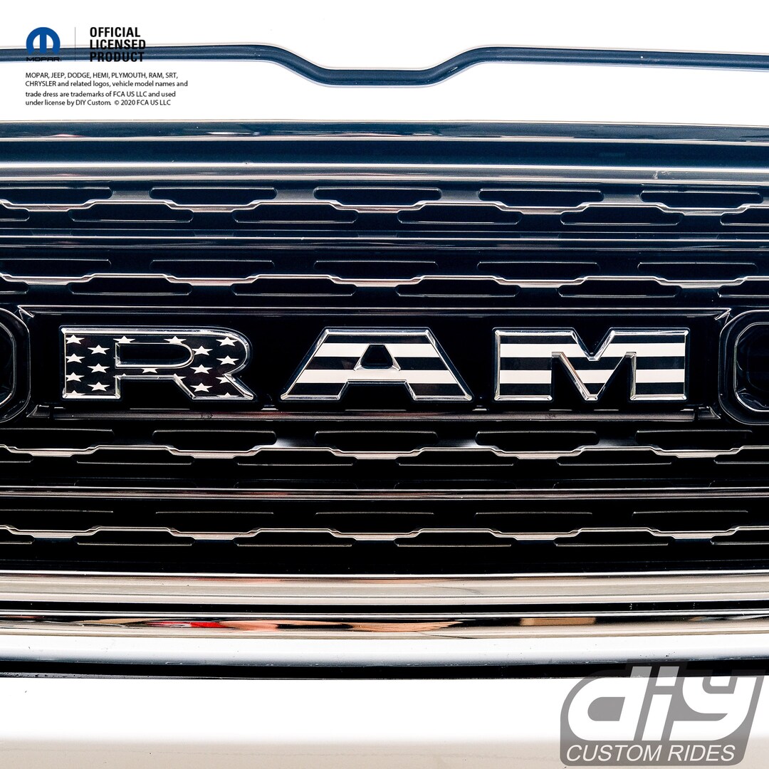RAM Grill Emblem Overlay Decals BLACK & WHITE American Flag Fits 2009