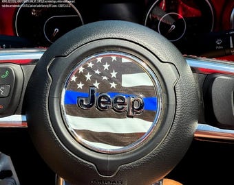Pegatina de vinilo con diseño de la bandera estadounidense y círculo azul delgado para volante de Jeep Wrangler JL Gladiator (modelos 2018-2026).