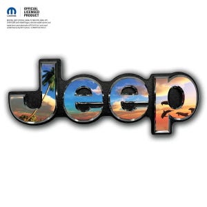 May include: Black Jeep logo with a sunset and palm tree design. The word "Jeep" is in a stylized font with a black border and a chrome-like finish. The background features a beach scene.