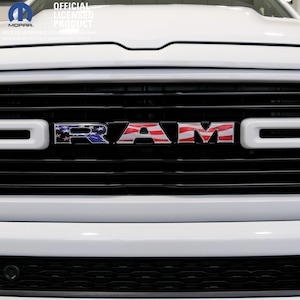 RAM Grill Emblem Overlay Premium Vinyl Decals Waving American Flag Flag MOPAR Official Licensed Tiny Wrapz Fits 2009-2026 1500-5500
