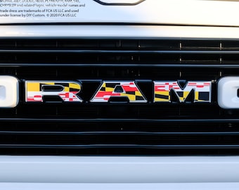Calcomanías superpuestas con emblema de parrilla RAM, bandera del estado de Maryland, compatibles con modelos 1500-5500 del 2009 al 2026