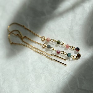 Ear Threader Earrings,Tourmaline Dangle Earrings, Gold Threaded Earring, tourmaline jewelry women, dainty earrings wedding, Tourmaline bride