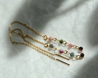 Tourmaline Ear Threader Earrings: Dainty Gold Dangle Earrings