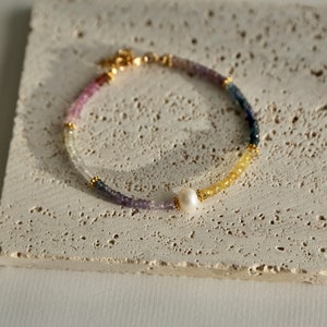 Multicolor sapphire and pearl bracelet, rainbow bracelet, sapphire bracelet, multi sapphire bracelet, gold filled bracelet gemstone bracele