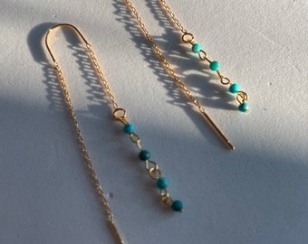 Gold Ear Threader Earrings: Turquoise Dangle, 24k Plated Brass