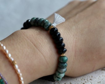 Black Agate and Qinghai Jade bracelet, Unisex Bracelet, Multi Gemstone Bracelet, Elastic gemstone Bracelet, Adjustable bracelet, Gift for he