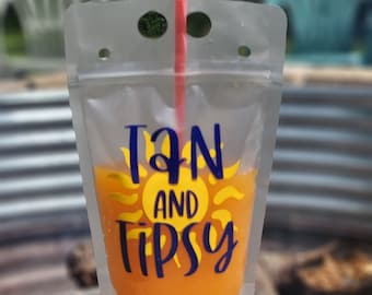Summer Adult Drink Pouches, Summer Adult Juice Pouches, Reusable Drink Pouches with Straws, Custom drink pouches, Tan and Tipsy, Lake Life