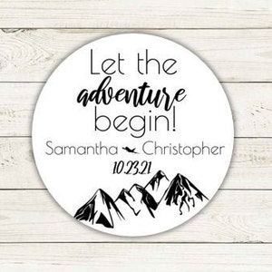 Deje que la aventura comience pegatinas, baby shower favor pegatinas, boda personalizada favor etiquetas, ducha nupcial favor etiquetas, personalizado, personalizado