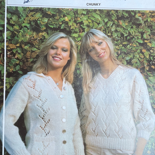 King Cole 456 Ladies V-Neck Sweater and Cardigan With Pockets Original Vintage Chunky KNITTING PATTERN - Sizes 32-42"
