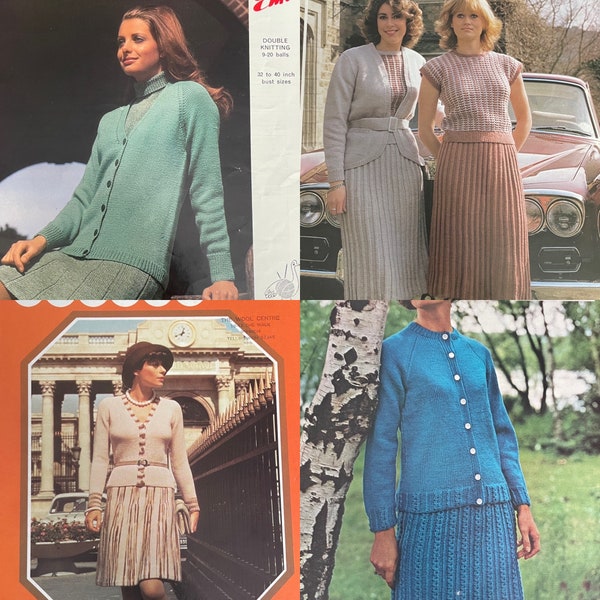 Vintage Ladies Lady's Outfits Skirt Sweater Cardigan Sets Double Knit DK KNITTING PATTERN Bundle Job Lot x 4 Original Patterns