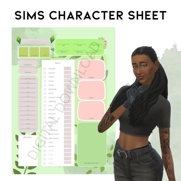 Printable Sims Character Sheet. Unfold your character and their background!