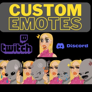 May include: A set of custom emotes featuring a cartoon woman with blonde hair and pink clothing. The emotes include a surprised expression, a crying expression, a confused expression, a heart-eyed expression, and an angry expression. The emotes are designed for use on Twitch and Discord.