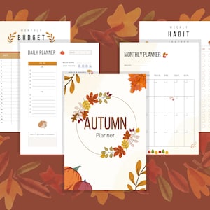 May include: A set of printable autumn-themed planner pages with a watercolor background. The pages include a monthly budget, daily planner, monthly planner, and weekly habit tracker. The pages are decorated with fall leaves, pumpkins, and a wreath.