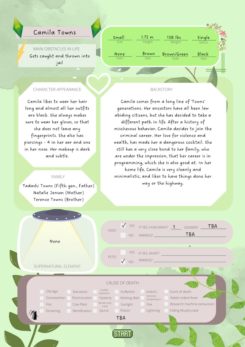 Printable Sims Character Sheet. Unfold Your Character and Their ...