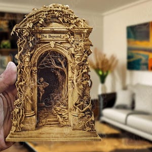 May include: A wooden carving of an archway with vines and a skeletal figure. The archway is inscribed with the words "The Beyond".