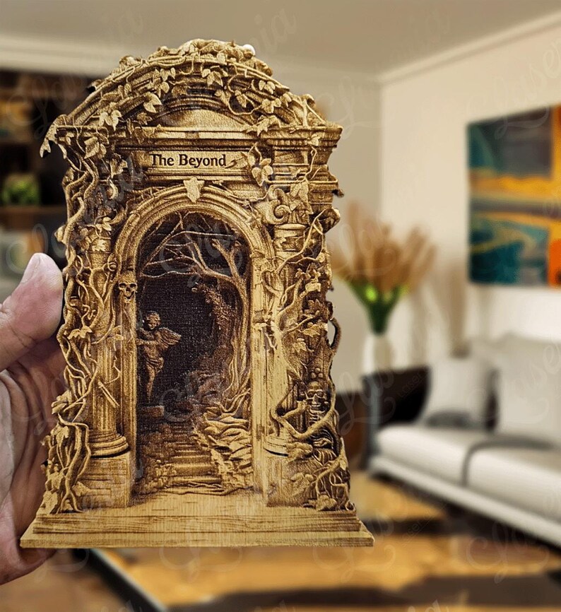 May include: A wooden carving of an archway with vines and a skeletal figure. The archway is inscribed with the words "The Beyond".