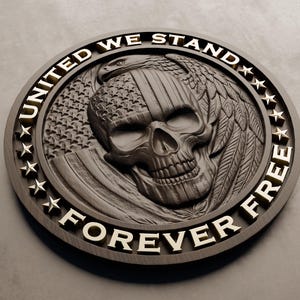 May include: A round wooden plaque with a carved skull, eagle wings, and an American flag. The plaque has the words "United We Stand Forever Free" around the edge.