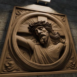 Puede incluir: Una talla de madera de Jesucristo en la cruz, con una corona de espinas y una expresión de tristeza. La talla está enmarcada en un marco de madera decorativo.