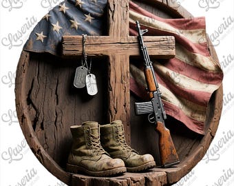 3D Illusion Design - Soldier’s Memorial with Flag, Cross & Rifle | CO2 Laser | Diode Laser | Glowforge