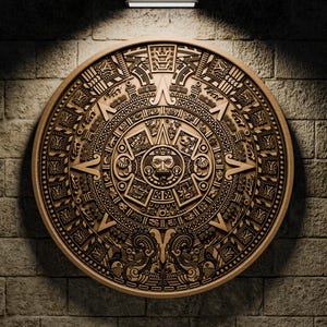 May include: A detailed carving of the Aztec calendar stone, also known as the Sun Stone, in a dark brown colour. The stone is circular and features intricate carvings of deities, symbols, and glyphs.