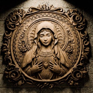 Puede incluir: Una talla de madera de la Virgen María con un corazón en sus manos. La talla está enmarcada en un marco de madera decorativo y ornamentado.