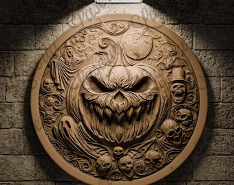 May include: A wooden carving of a scary pumpkin face surrounded by bats, skulls, and ghosts. The carving is in a circular shape and is mounted on a brick wall.