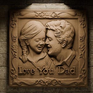 May include: A wooden carved plaque with a framed image of a father and daughter smiling at each other. The plaque has a carved floral design around the frame and the words "Love You Dad" at the bottom.
