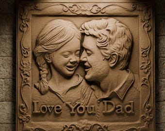 May include: A wooden carved plaque with a framed image of a father and daughter smiling at each other. The plaque has a carved floral design around the frame and the words "Love You Dad" at the bottom.