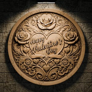 May include: A round wooden plaque with a carved design of roses, hearts, and a banner that reads "Happy Valentine's Day".