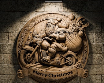 3D STL Design Santa on Motorcycle Christmas Relief for CNC Routers and 3D Printing