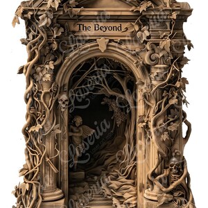 May include: A wooden sculpture of an ornate archway with vines and a skull. The archway is labelled "The Beyond" and features a small angel figure inside.