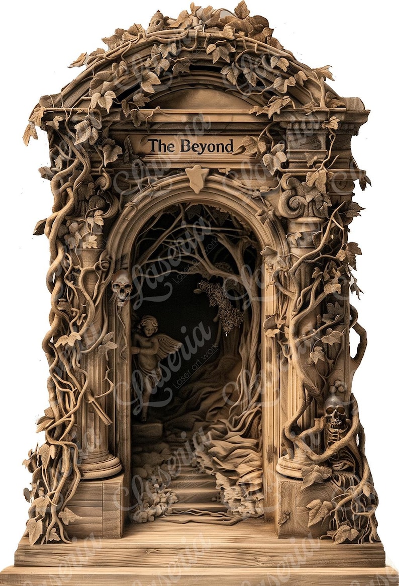 May include: A wooden sculpture of an ornate archway with vines and a skull. The archway is labelled "The Beyond" and features a small angel figure inside.