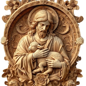 Pu&ograve; includere: Una scultura in legno di Ges&ugrave; che tiene un agnello tra le braccia. La scultura &egrave; circondata da una cornice decorativa con dettagli floreali.