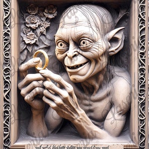 May include: A detailed, sculpted relief of Gollum, a fictional character from The Lord of the Rings, holding the One Ring. The relief is framed in a dark brown frame with ornate carvings. The inscription below reads: "All that is gold does not glitter, Not all those who wander are lost; The old that is strong does not wither, Deep roots are not reached by the frost."