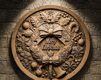 May include: A wooden round plaque with a carved Christmas wreath design. The wreath is decorated with holly, berries, bows, and candy canes. The plaque reads "Merry Christmas".