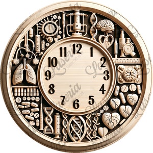 May include: A wooden clock face with Roman numerals and a light brown background. The clock face is surrounded by various medical symbols, including a heart, lungs, pills, a stethoscope, a syringe, and a DNA strand.